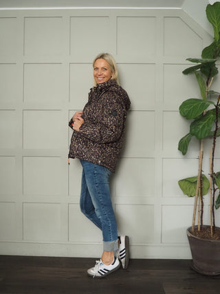 Sunn Short Padded Leopard Print Jacket with Contrasting Orange Lining by Rino &amp; Pelle - Camel/Leopard Print