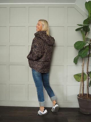 Sunn Short Padded Leopard Print Jacket with Contrasting Orange Lining by Rino &amp; Pelle - Camel/Leopard Print