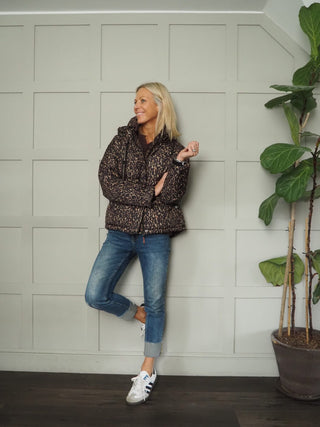 Sunn Short Padded Leopard Print Jacket with Contrasting Orange Lining by Rino &amp; Pelle - Camel/Leopard Print