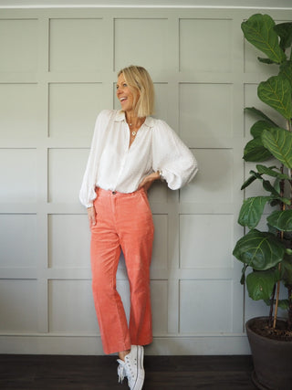 Hava Uni Long Sleeve Silky Feel Blouse by Idano - Ecru and Navy Blue