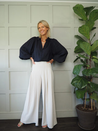 Hava Uni Long Sleeve Silky Feel Blouse by Idano - Ecru and Navy Blue