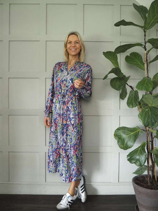 Tish Maxi Dress with Front Button Fastenings - Charcoal Grey, Blue