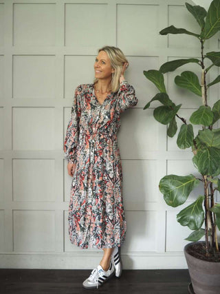 Tish Maxi Dress with Front Button Fastenings - Charcoal Grey, Blue