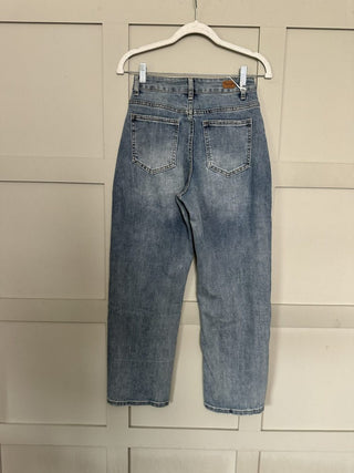 Cath Barrel Leg Jeans with Subtle Distressing - Mid Denim Blue