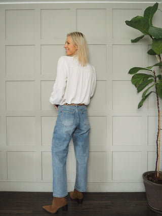 Cath Barrel Leg Jeans with Subtle Distressing - Mid Denim Blue