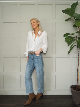 Cath Barrel Leg Jeans with Subtle Distressing - Mid Denim Blue