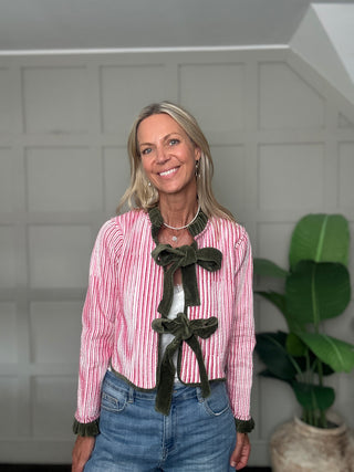 Freya Reversible Jacket with Velvet Details - Floral with Blue Stripe, Floral with Pink/Red Stripe
