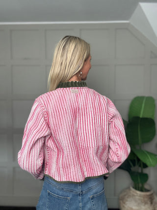 Freya Reversible Jacket with Velvet Details - Floral with Blue Stripe, Floral with Pink/Red Stripe