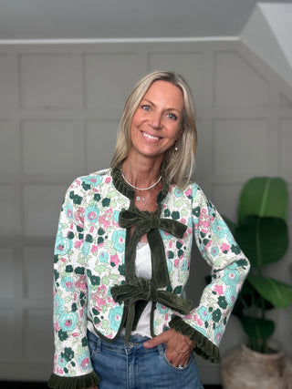 Freya Reversible Jacket with Velvet Details - Floral with Blue Stripe, Floral with Pink/Red Stripe