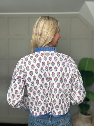 Freya Reversible Jacket with Velvet Details - Floral with Blue Stripe, Floral with Pink/Red Stripe
