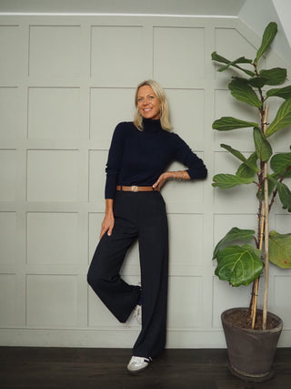 Leoma Polo Neck Jumper with Ribbing Detail - Black and Navy Blue