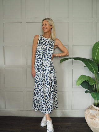 Alexandra Dress - Navy Blue/Off White