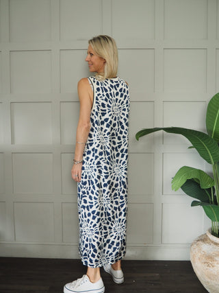 Alexandra Dress - Navy Blue/Off White