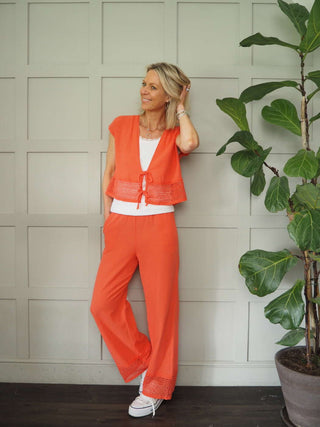 Esperanza Top &amp; Trouser Set with Crochet Detail - Coral, Navy Blue and White