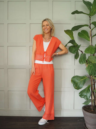 Esperanza Top &amp; Trouser Set with Crochet Detail - Coral, Navy Blue and White
