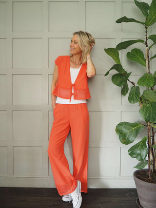 Esperanza Top &amp; Trouser Set with Crochet Detail - Coral, Navy Blue and White