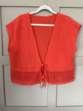 Esperanza Top &amp; Trouser Set with Crochet Detail - Coral, Navy Blue and White