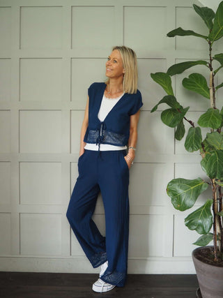 Esperanza Top &amp; Trouser Set with Crochet Detail - Coral, Navy Blue and White