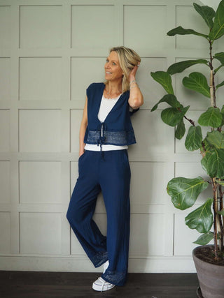 Esperanza Top &amp; Trouser Set with Crochet Detail - Coral, Navy Blue and White