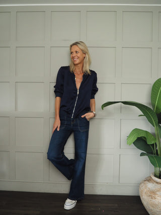 Nicola Silk Mix Short Sleeve Zip Up Bomber Jacket - Champagne, Blue, Khaki, Navy Blue, Oyster