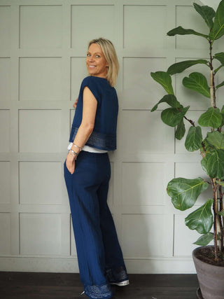 Esperanza Top &amp; Trouser Set with Crochet Detail - Coral, Navy Blue and White