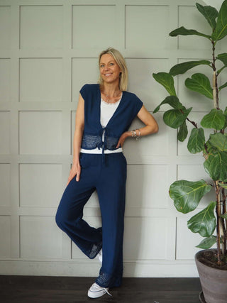 Esperanza Top &amp; Trouser Set with Crochet Detail - Coral, Navy Blue and White