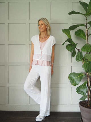 Esperanza Top &amp; Trouser Set with Crochet Detail - Coral, Navy Blue and White