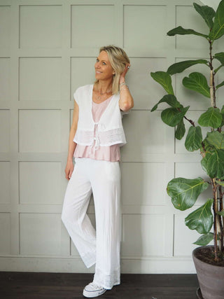 Esperanza Top &amp; Trouser Set with Crochet Detail - Coral, Navy Blue and White