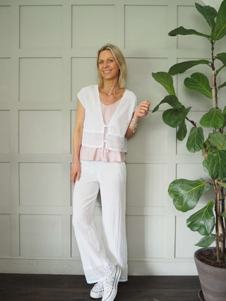 Esperanza Top &amp; Trouser Set with Crochet Detail - Coral, Navy Blue and White