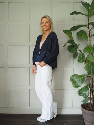 Lita Linen Cardigan with Front Tie Fastening &amp; Crochet Detail - Black, Navy Blue and White