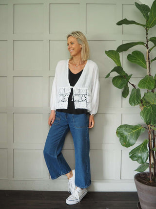 Lita Linen Cardigan with Front Tie Fastening &amp; Crochet Detail - Black, Navy Blue and White