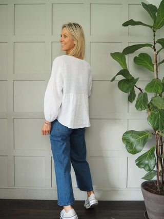 Lita Linen Cardigan with Front Tie Fastening &amp; Crochet Detail - Black, Navy Blue and White