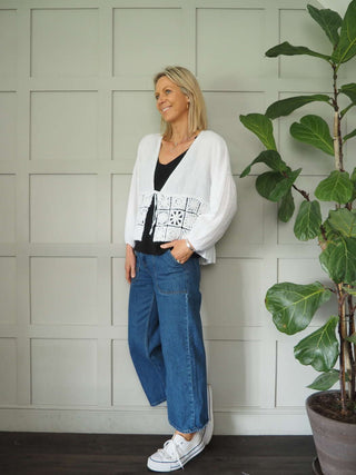 Lita Linen Cardigan with Front Tie Fastening &amp; Crochet Detail - Black, Navy Blue and White