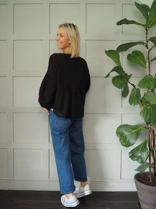 Lita Linen Cardigan with Front Tie Fastening &amp; Crochet Detail - Black, Navy Blue and White