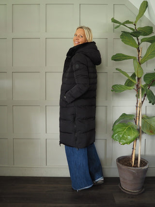 Keila Faux Fur Padded Coat With Hood, High Collar, Zipper Closure, Pockets, Faux Fur Inner by Rino &amp; Pelle - Navy Blue, Toffee