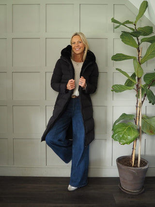 Keila Faux Fur Padded Coat With Hood, High Collar, Zipper Closure, Pockets, Faux Fur Inner by Rino &amp; Pelle - Navy Blue, Toffee