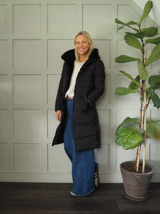 Keila Faux Fur Padded Coat With Hood, High Collar, Zipper Closure, Pockets, Faux Fur Inner by Rino &amp; Pelle - Navy Blue, Toffee