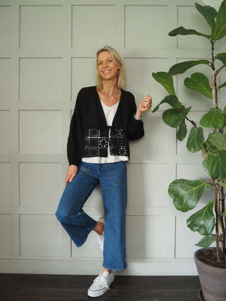 Lita Linen Cardigan with Front Tie Fastening &amp; Crochet Detail - Black, Navy Blue and White