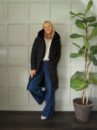 Keila Faux Fur Padded Coat With Hood, High Collar, Zipper Closure, Pockets, Faux Fur Inner by Rino &amp; Pelle - Navy Blue, Toffee