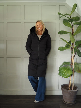 Keila Faux Fur Padded Coat With Hood, High Collar, Zipper Closure, Pockets, Faux Fur Inner by Rino &amp; Pelle - Navy Blue, Toffee