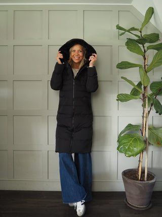 Keila Faux Fur Padded Coat With Hood, High Collar, Zipper Closure, Pockets, Faux Fur Inner by Rino &amp; Pelle - Navy Blue, Toffee