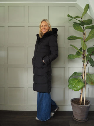 Keila Faux Fur Padded Coat With Hood, High Collar, Zipper Closure, Pockets, Faux Fur Inner by Rino &amp; Pelle - Navy Blue, Toffee