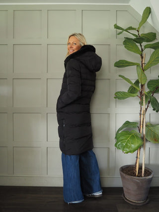 Keila Faux Fur Padded Coat With Hood, High Collar, Zipper Closure, Pockets, Faux Fur Inner by Rino &amp; Pelle - Navy Blue, Toffee