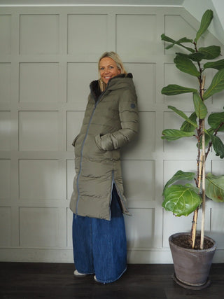 Keila Faux Fur Padded Coat With Hood, High Collar, Zipper Closure, Pockets, Faux Fur Inner by Rino &amp; Pelle - Navy Blue, Toffee