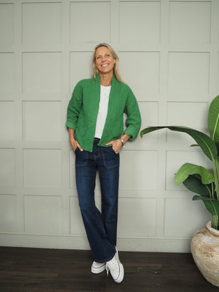 Daylar Cotton Jacket with Subtle Vertical Stitch, Side Pockets &amp; No Fastening - Bright Blue, Bright Green, Cream, Mocha, Navy Blue, Stone,