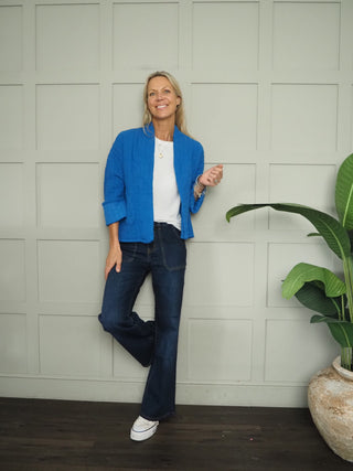 Daylar Cotton Jacket with Subtle Vertical Stitch, Side Pockets &amp; No Fastening - Bright Blue, Bright Green, Cream, Mocha, Navy Blue, Stone,