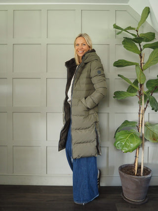 Keila Faux Fur Padded Coat With Hood, High Collar, Zipper Closure, Pockets, Faux Fur Inner by Rino &amp; Pelle - Navy Blue, Toffee