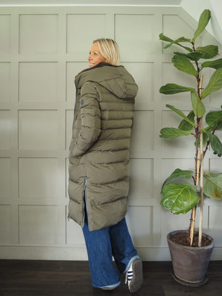 Keila Faux Fur Padded Coat With Hood, High Collar, Zipper Closure, Pockets, Faux Fur Inner by Rino &amp; Pelle - Navy Blue, Toffee