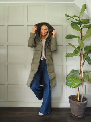 Keila Faux Fur Padded Coat With Hood, High Collar, Zipper Closure, Pockets, Faux Fur Inner by Rino &amp; Pelle - Navy Blue, Toffee