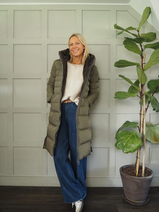 Keila Faux Fur Padded Coat With Hood, High Collar, Zipper Closure, Pockets, Faux Fur Inner by Rino &amp; Pelle - Navy Blue, Toffee